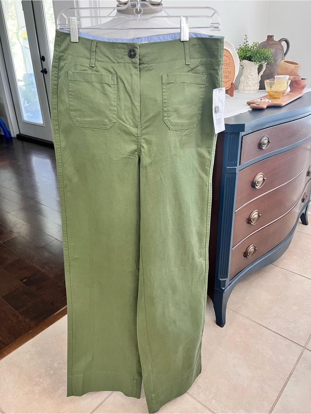 NWT Crown & Ivy Orbit Green High Waisted Straight Leg Cotton Pants Pockets Sz 4